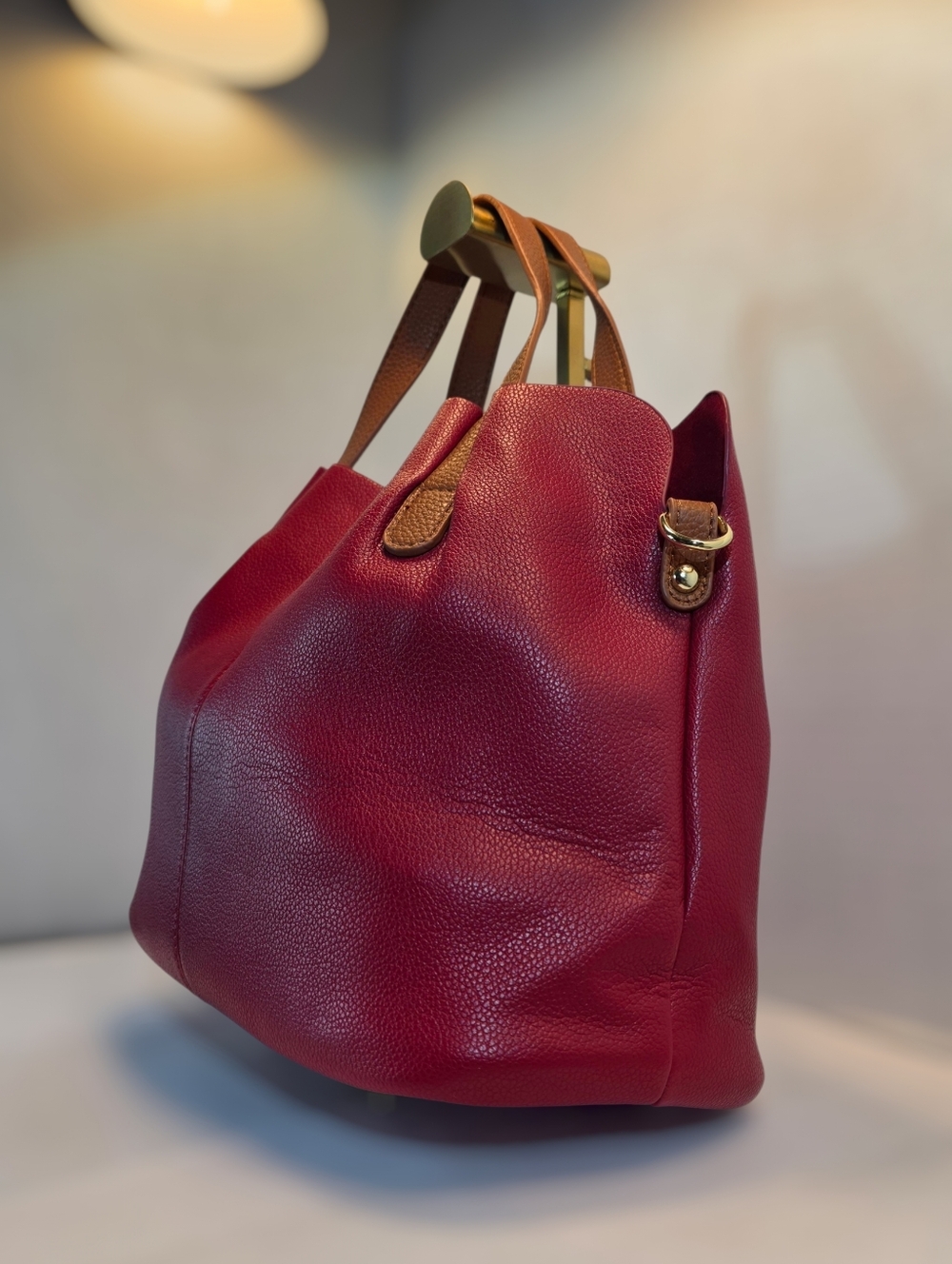 Designer-Inspired Women's Burgundy Leather Tote Bag with Tan Handles NWT - Picture 2 of 8
